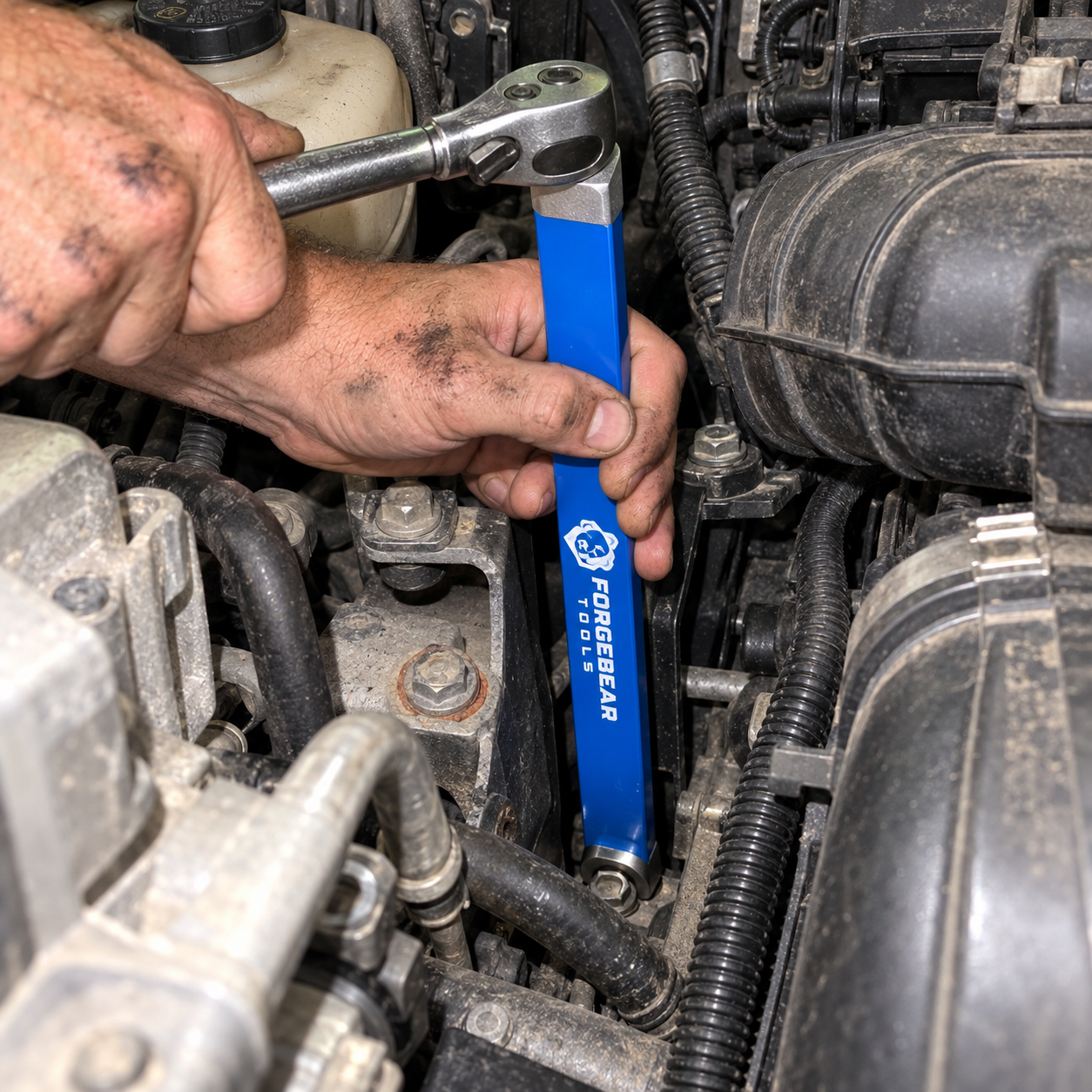 Offset wrench reaching into tight engine bay
