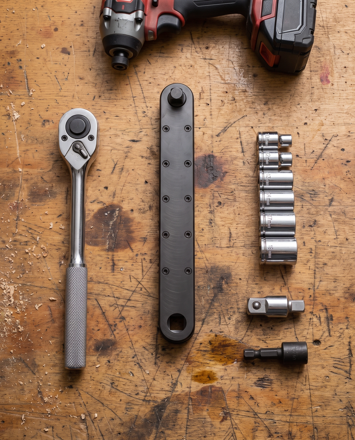 Offset extension wrench with 3/8 inch ratchet, impact driver, sockets and adapters