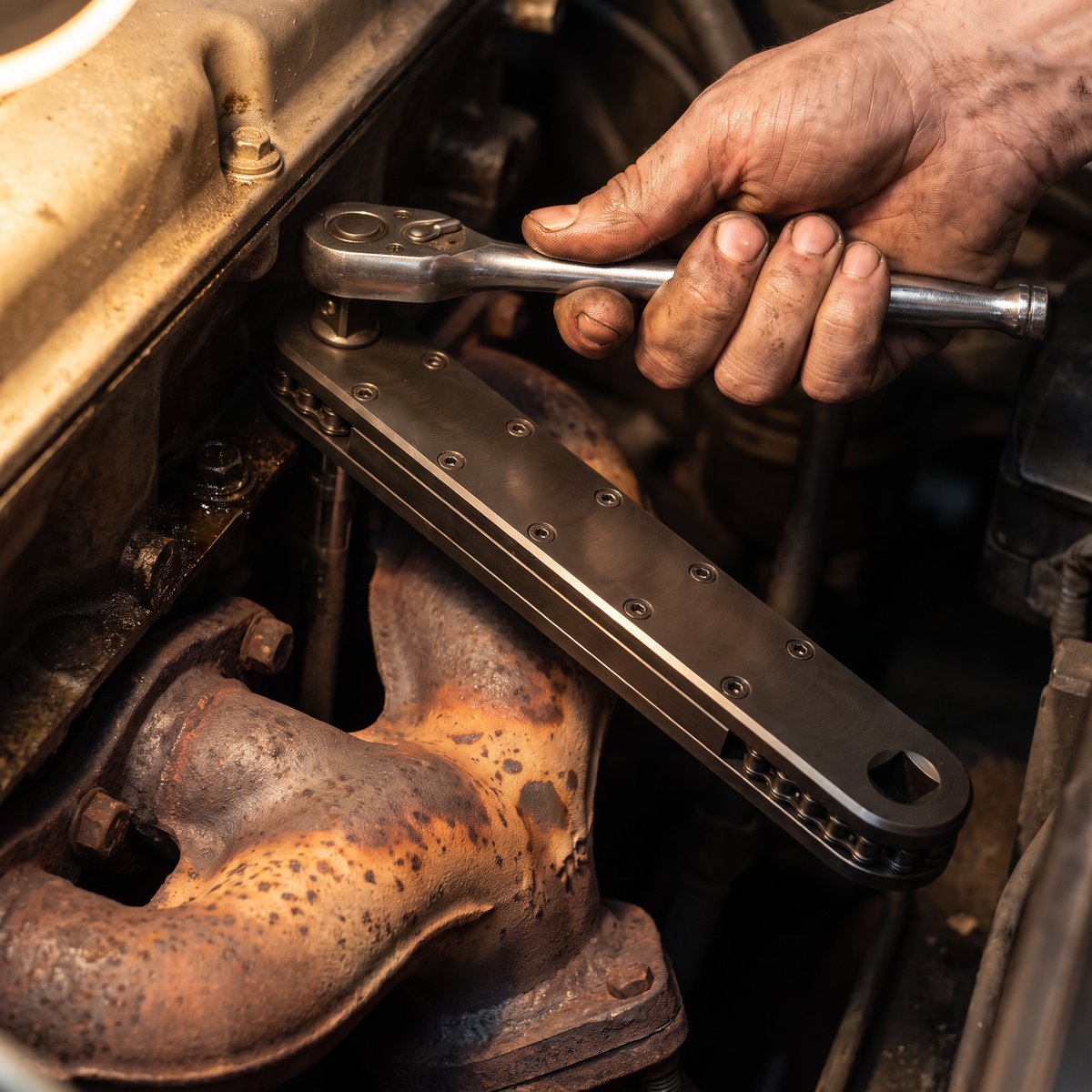Hand turning a ratchet well above a hot exhaust manifold while the extension reaches the bolt