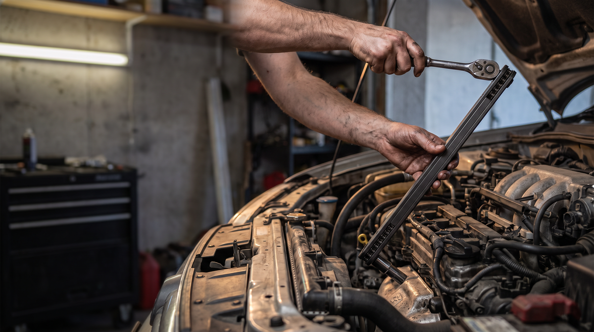 Mechanic using the Extension Wrench 2.0 to reach a recessed bolt inside an engine bay