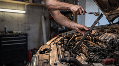 Mechanic using the Extension Wrench 2.0 to reach a recessed bolt inside an engine bay