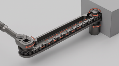 Cutaway diagram showing how the chain inside the Extension Wrench 2.0 transfers rotation to a recessed bolt