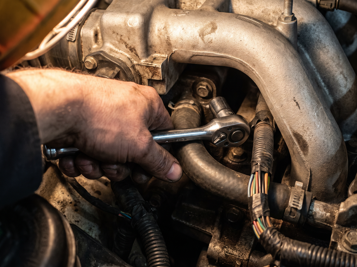 A standard ratchet blocked by an intake manifold, unable to reach a recessed bolt