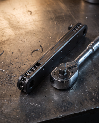 Slim offset extension wrench lying beside a bulky ratchet head for scale