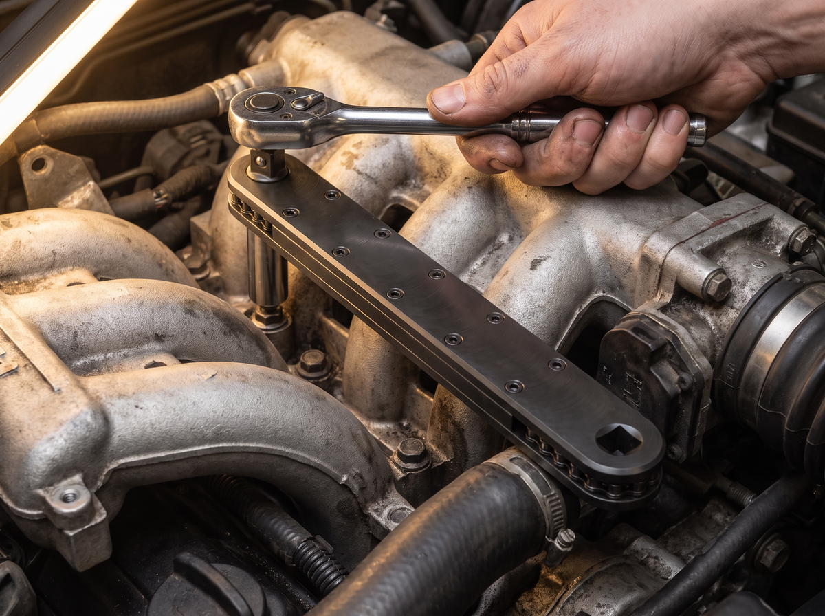 Extension Wrench 2.0 reaching the same recessed bolt while the ratchet stays in open space