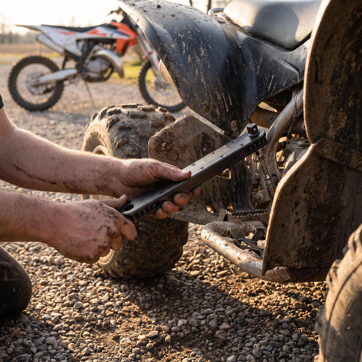 Extension Wrench 2.0 reaching a bolt behind an ATV frame and fender