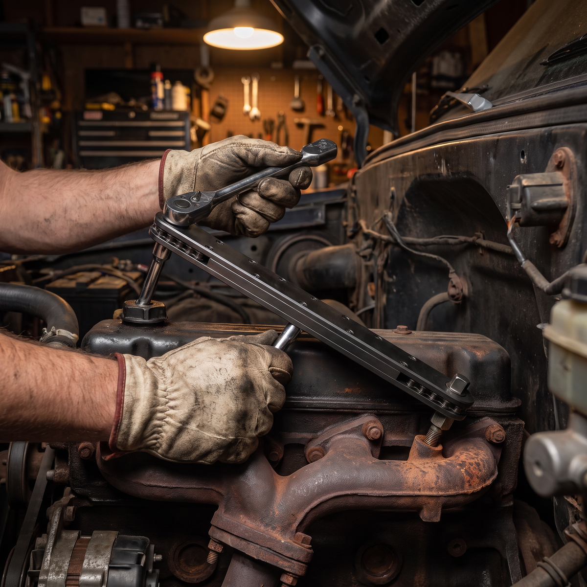 Extension Wrench 2.0 on an exhaust manifold bolt in a pickup truck engine bay