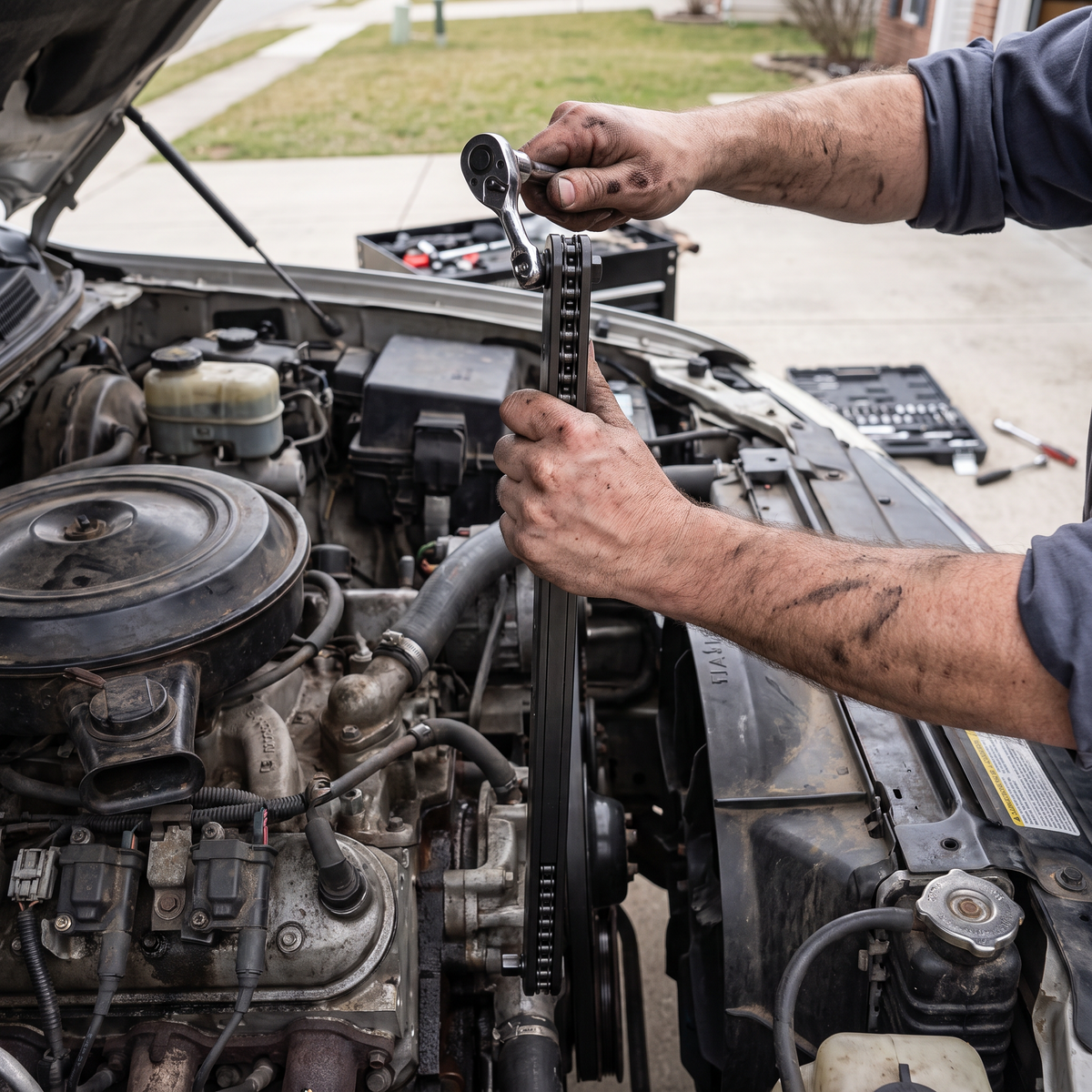 Mechanic using the offset extension wrench under a truck hood