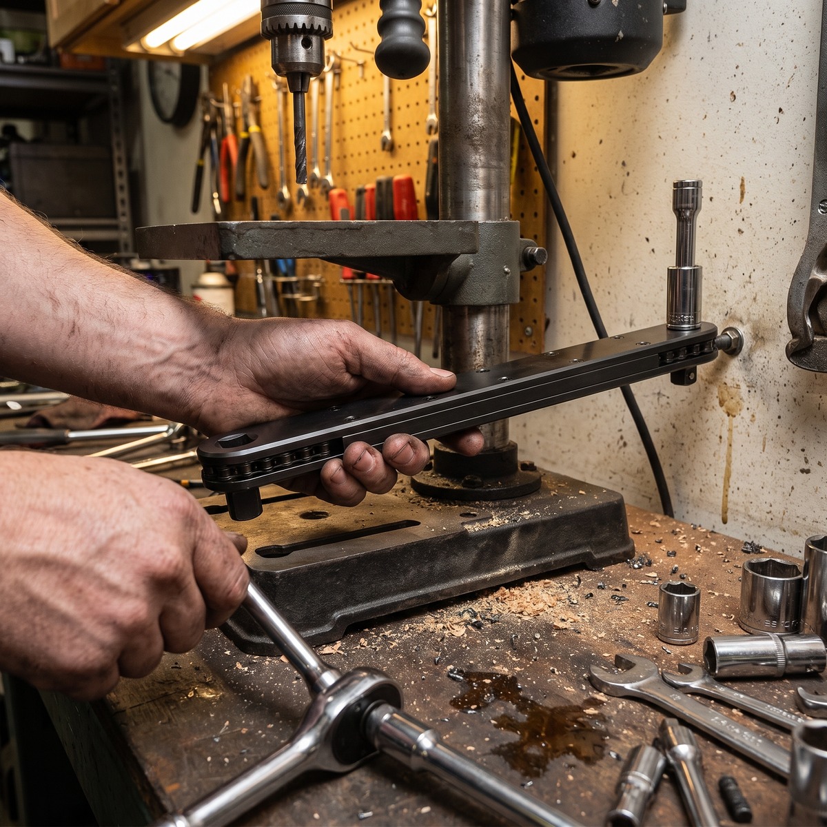 Extension Wrench 2.0 reaching behind a drill press on a workshop bench